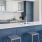 a kitchen with a blue countertop